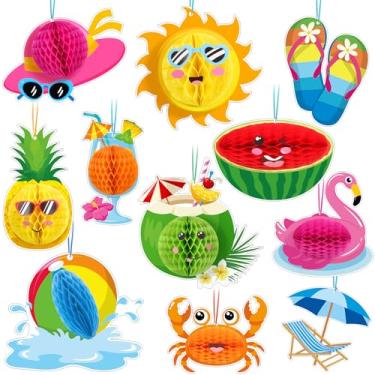 Imagem de Fullhawl 11 peças de decorações de pendurar na praia de verão para pendurar no teto com bola de favo de mel 3D, enfeites de festa na piscina de fim de ano escolar para férias na praia de Luau Havaí