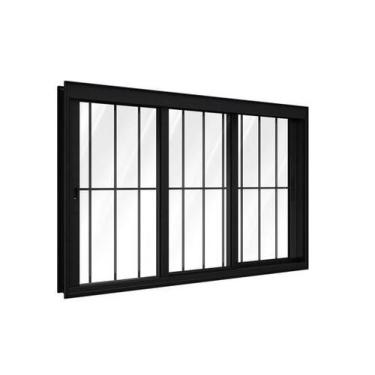 Imagem de Janela 3 Folhas Max Com Grade 100X150 Alumínio Preto Linha 25 Jade - B