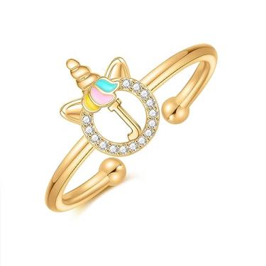 Imagem de CIVOKINA Anéis delicados de unicórnio com inicial para meninas, banhado a ouro 14 quilates/ouro rosa/prata para meninas, lindo anel infantil hipoalergênico, ajustável, com letras para presentes para