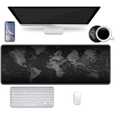 Imagem de Mouse pad pad para jogos com porta-copos, tapete para mesa de escritório 80 cm × 28 cm Mouse pad grande para jogos durável estendido para computador com base de borracha antiderrapante para escritório e casa (padrão de mapa mundial)