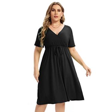 Imagem de ShopWonder Vestido plus size feminino gola V evasê comprimento até o joelho mini vestido com cinto plus size evasê festa minivestido preto-cs XX-Grande