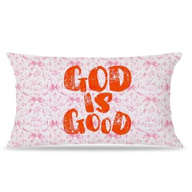 Imagem de FITIE God is Good Capas de almofada lombar floral com laço coquete rosa cristão 30 x 50 frente e verso, decoração de quarto, presentes religiosos cristãos para mulheres, capas de travesseiro para