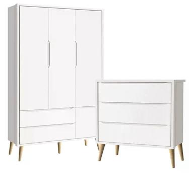 Imagem de Guarda Roupa 3 Portas E Cômoda 3 Gav Theo Branco Fosco Pés Madeira Natural - Reller Móveis Branco Fosco