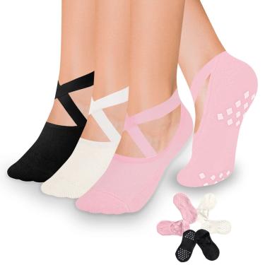 Imagem de Meias Grip Socks Diu Life para mulheres, antiderrapantes, pacote com 3