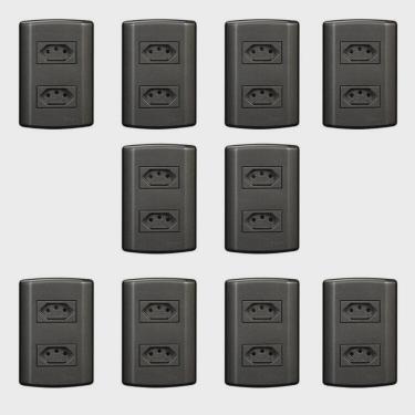 Imagem de Dez Conjuntos com 2 Tomadas 2p + t 20A 250v, Modular, com Placa 4x2 e Suporte Grafite