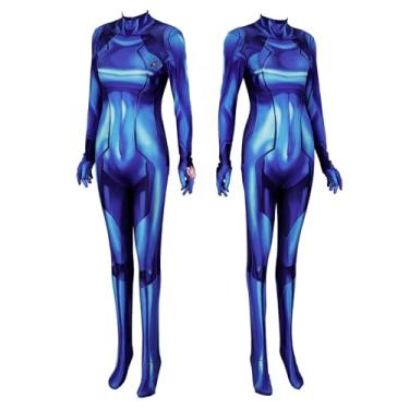 Imagem de Xyjrnjvh Fantasia feminina de super-herói, cosplay, macacão, body de elastano, fantasia de Halloween (GG, azul), Azul, X-Large