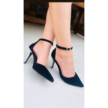 Imagem de Scarpin Salto Fino Camurça, Preto, 8,5cm, Tira Ajustável