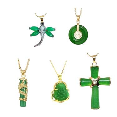 Imagem de RUIFUU Conjunto de colar com pingente de buda de jade com 5 peças, banhado a ouro 18K, zircão, fivela da paz, cruz, dragão, libélula, jade, pingente, colar, joia presente para mulheres, One size, Liga
