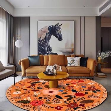 Imagem de Tropeki Tapete redondo 1,8 m para sala de estar, sala de jantar, mesa, vintage, decoração de casa, tapetes circulares, lavável, boho, estampa floral, tapetes amarelos para quarto