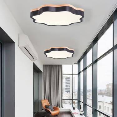 Imagem de Lustre de escada com luz de teto LED regulável, 23,6 polegadas, moderno, minimalista, em forma de flor, madeira, metal e acrílico, luz de teto embutida para corredor, hall de entrada, closet