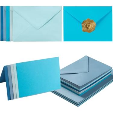 Imagem de Pacote com 50 envelopes azuis A7 com conjunto de cartões em branco, envelopes de 5 cores com cartolina de 12 x 17 cm e adesivos dourados para convites de casamento (azul, 12 x 18 cm)