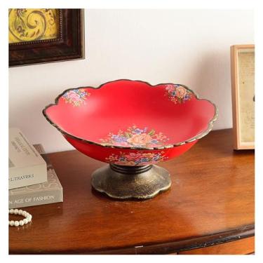 Imagem de cesta de frutas Bandeja de exibição de frutas em pé cerâmica casa doces lanche bandeja viva talheres placa pão recipiente comida lanche placa decoração decoração de cozinha(Red)