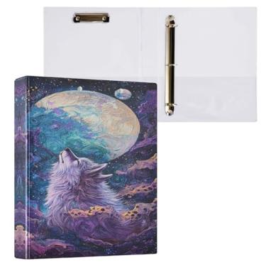 Imagem de Fichário redondo galáxia lobo lua, 3 anéis, planeta, espaço, estrelas, roxo, 3 anéis, para escritório, escola, material de trabalho, pasta de arquivos, capacidade de 200 folhas, fácil de abrir