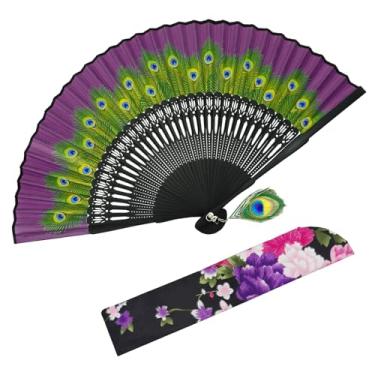 Imagem de EOSAU Leque dobrável de pavão, leques de mão de seda de bambu para mulheres, dobrável, estilo chinês/japonês para dançar, festa de casamento, presente de igreja (rosa vermelha)