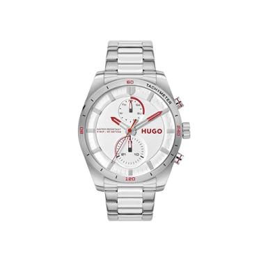 Imagem de HUGO Relógio masculino multifuncional de quartzo 3H #Fast, aço inoxidável, resistente à água até 5 ATM/50 metros, relógio elegante e esportivo, presente para ele, 44 mm, Prateado - Branco