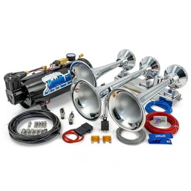 Imagem de HornBlasters Kit de buzina de trem Flatlaw de 3 litros, sistema de ar multifuncional - fácil instalação - som grande - 12 V (cromado)