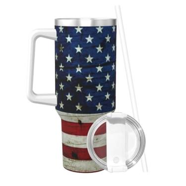 Imagem de PTONUIC Copo rústico de madeira com bandeira americana de 1,134 g com alça e tampa de canudo | Copo isolado reutilizável de aço inoxidável garrafa de água caneca de viagem compatível com porta-copos |