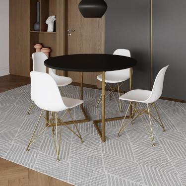 Imagem de Mesa Jantar Industrial Redonda 110Cm Preta Base V Dourada Com 4 Cadeiras Eames Eiffel Brancas Base D