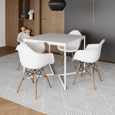 Imagem de Mesa Jantar Industrial Quadrada 90Cm Branca Base V Ferro Branco Com 4 Poltronas Brancas Marrom