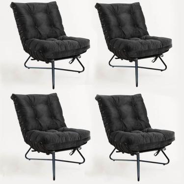 Imagem de Kit 04 Poltronas Costela Ferro Industrial X Pés Cruzados Sala Corino Preto