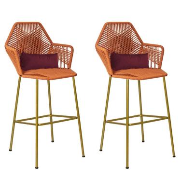 Imagem de Kit 02 Banqueta Alta Sttar Ferro Dourado Fibra Terracota Almofada Suede Bordô