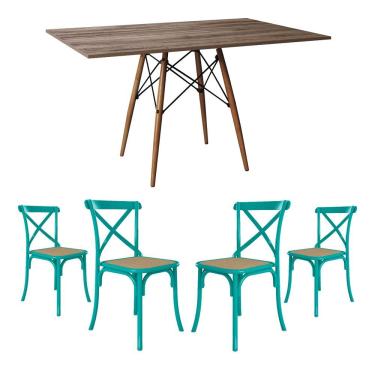 Imagem de Jogo De Mesa Eiffel Retangular Tampo De Madeira 120X75Cm Amêndoa Com 4 Cadeiras Katrina Azul Turques