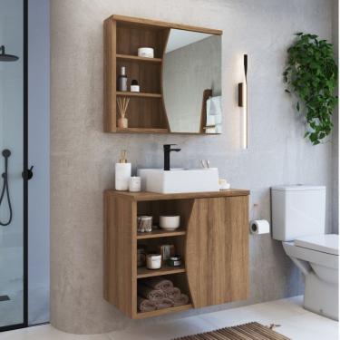 Imagem de Conjunto Para Banheiro Gabinete Supenso 70cm Com Cuba E Espelheira 1 Porta 3 Nichos Laura Mel