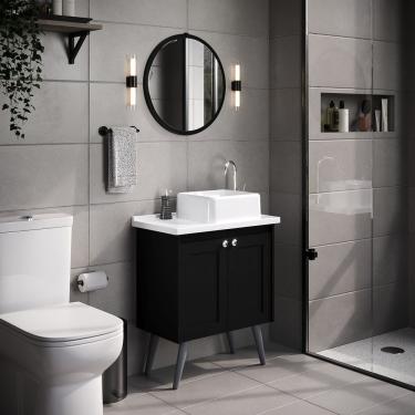 Imagem de Conjunto De Banheiro Com Pé Paris, Espelheira, Tampo E Cuba Em Mármore Sintético Texturizado Preto