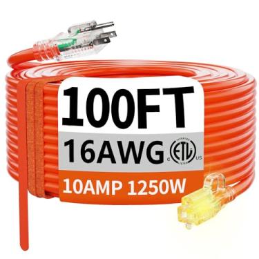 Imagem de huanchain 16/3 Cabo De Extensão Externo À Prova D'Água Com 30 Metros E Ponta Iluminada, Flexível, Resistente Ao Frio, 3 Pinos, Elétrico Externo, 10A 1250W 125V 16Awg Sjtw, Laranja