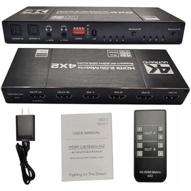 Imagem de BestParts Novo Divisor De Vídeo Hdmi 2.0 4X2 4:2 Com 4 Entradas E 2 Saídas Matriciais + Saída Áudio Óptica Esquerda/Direita, Compatível 4K/2K/1080P A 60Hz Hdr Ultra Hd 3D Extrator Edição Hdcp2.2 Con