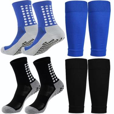 Imagem de KMOLY Conjunto Com 2 Meias De Futebol E Caneleiras Para Crianças 7 A 14 Anos, Treinamento Basquete (Preto Azul)
