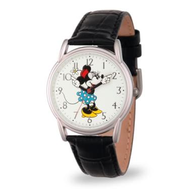 Imagem de Relógio feminino Minnie Mouse – Minnie Mouse para mulheres, relógio moderno, relógios elegantes – pulseira de couro preto, caixa e mostrador prateados, brinquedos estilosos