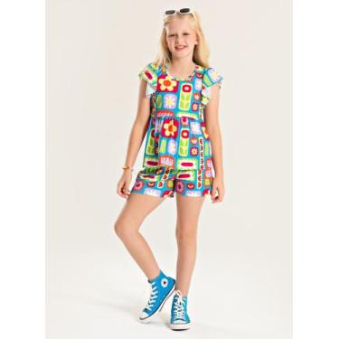 Imagem de Conjunto Verão Menina Azul Cropped Com Babado e Shorts Florzinhas Retr