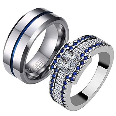 Imagem de ringheart 2 anéis para ele e ela, anéis de casal, branco e azul, conjunto de alianças de casamento femininas de aço de titânio, women size7 & men size12, Metal Cristal Metal Cristal strass, Zircônia