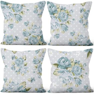 Imagem de Vie Savaran Capas de almofada de flor verde claro 45,72 cm x 45,72 cm Conjunto de 4, fronhas de sofá floral de rosas vintage para cadeira, sofá, cama, escritório, carro, jardim, quinta, decoração