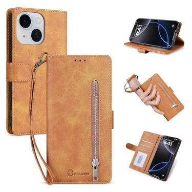 Imagem de BFKUSPN Capa carteira compatível com iPhone 15 Plus de 6,7 polegadas com zíper para cartão de crédito 【bloqueio RFID】 Capa de telefone flip de couro PU feminina masculina para Apple 15 Plus (marrom