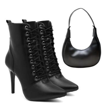 Imagem de Kit Bota Feminina Cano Médio Anna Andrade Bico Fino Salto Alto Amarrar Moda e Bolsa Preto  feminino