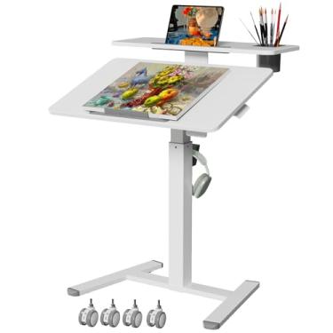 Imagem de Liftsync Mesa móvel de 71 cm sobre rodas, suporte para laptop com rodinhas com mesa inclinável, altura ajustável para estação de trabalho de computador pequena, mesa de estudo portátil de 2 camadas
