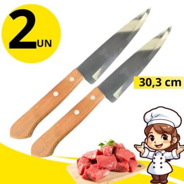 Imagem de Kit 2 Facas Inox 30,3cm Cabo Madeira Rústico Ideal para Cozinha e Chur
