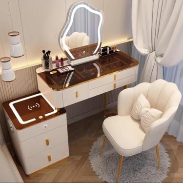 Imagem de Penteadeira Com Cadeira, Mesa De Vaidade Com Espelho E Luzes, Com Espelho De Escurecimento De Tela Sensível Ao Toque De 3 Cores, Conjunto De Mesa De Vaidade, Com 3 G, Brown White, 80.5x40x78cm