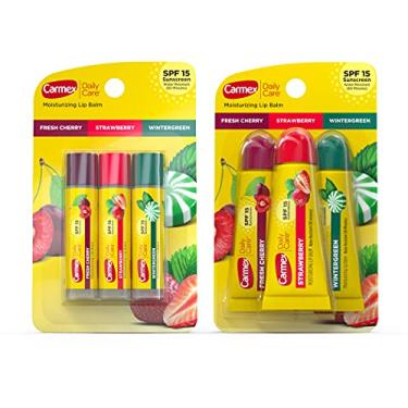 Imagem de Carmex Bálsamo labial hidratante Daily Care com protetor solar, pacote variado em cereja fresca, morango e wintergreen, 10 g - 3 pacotes