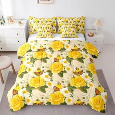 Imagem de Erosebridal Jogo de cama solteiro de rosa amarela com lençol de 7 peças, flor chique, floral, cama de borboleta rústica em um saco, jardim de primavera, natureza, conjunto de colcha