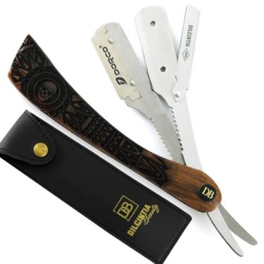 Imagem de Navalhete para Barba Navalha Profissional Cabo Madeira Nobre Talhada Aço Inox + Case Dilcintia