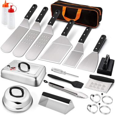 Imagem de Leonyo Conjunto de Acessórios para Grelha com 20, Kit de Acessórios para Grelha de Aço Inoxidável com Espátula de Metal, Cúpula de Derretimento de 13" e 9", Prensa para Grelha de Hambúrguer, Ferrament