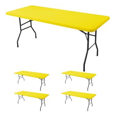 Imagem de Enjoyidea Toalha de mesa ajustada para mesas retangulares de 2,3 m - pacote com 4 toalhas de mesa amarelas elásticas para piquenique ao ar livre - toalhas de mesa dobráveis elásticas de elastano 2,4 m