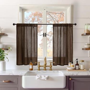 Imagem de BGment Cortinas curtas de linho marrom 91 cm de comprimento para janela, pequenas cortinas transparentes para cozinha, café, sobre a pia, decoração de banheiro, leve, rústico, country texturizado