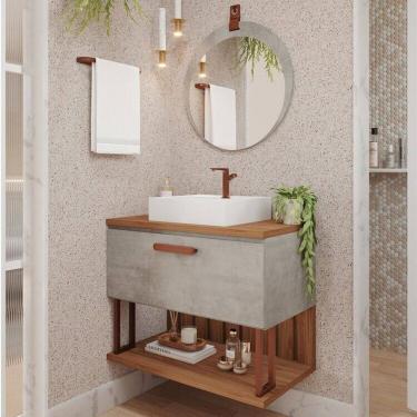 Imagem de Gabinete Suspenso Banheiro 80cm com Cuba e Espelheira Lua Espresso Móveis Cimento