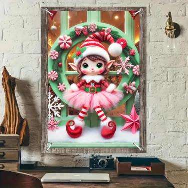Imagem de BlissYard Capa de janela de Natal, faixa rosa de menina elfa, 78 x 128 cm, janela verde, guirlanda de Natal, decoração de doces para ambientes internos e sazonais, decoração de quarto infantil
