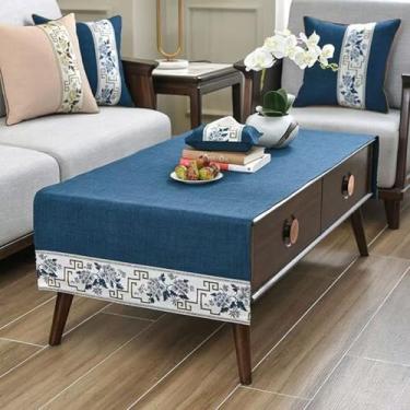 Imagem de Toalhas de mesa de café retangulares para sala de estar bordadas, toalha de mesa de café de linho de algodão com bolsos, tecido lavável para cozinha, decoração de casa, azul e branco 61 x 180 cm