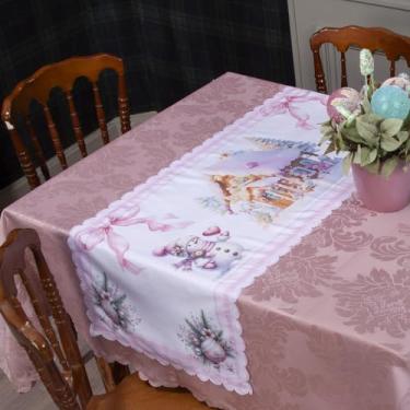 Imagem de Kit Toalha De Mesa Retangular Jacquard 3,00x1,50 (8 Lugares) + 1 Caminhos de Mesa (Decoração Natalina, Decorativa Para Natal) (NATAL ROSA)